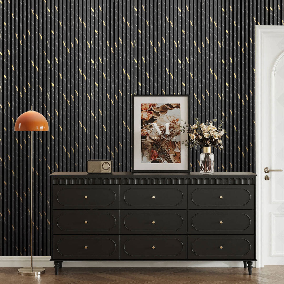 Wooden Slat Acoustic Panel Black Gold Marble 2400mm x 600mm