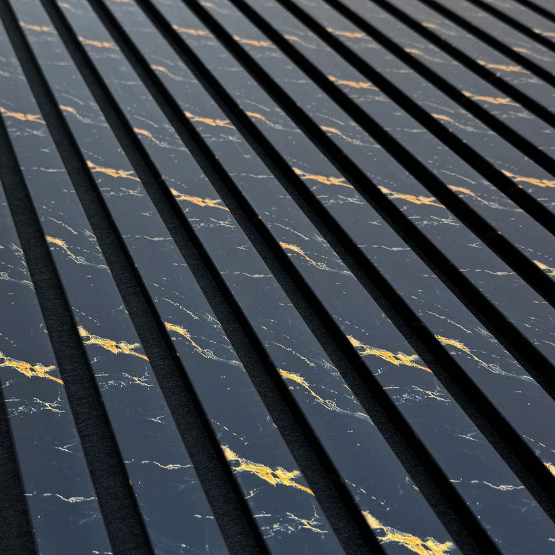 Wooden Slat Acoustic Panel Black Gold Marble 2400mm x 600mm