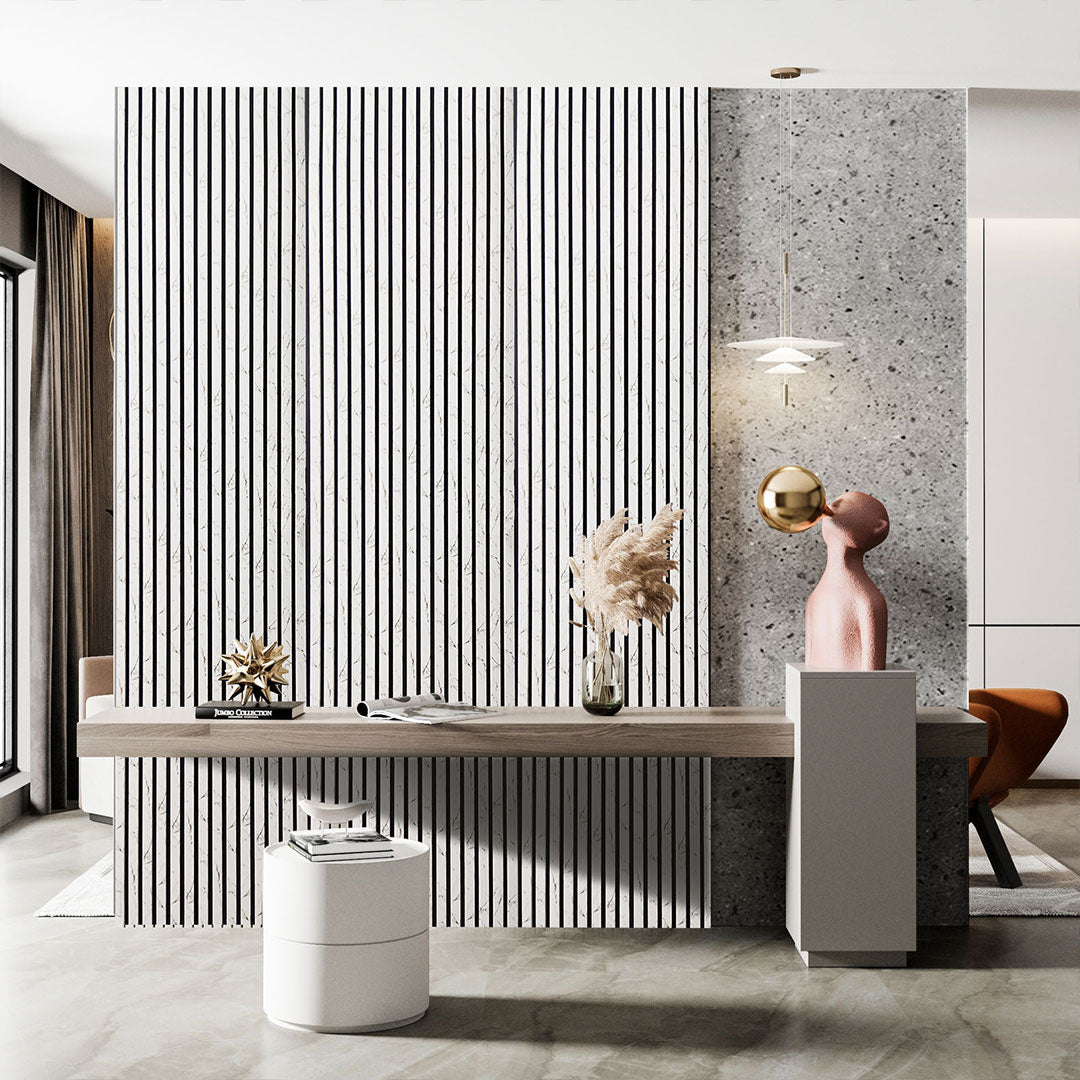 Wooden Slat Acoustic Panel White Gold Marble 2400mm x 600mm