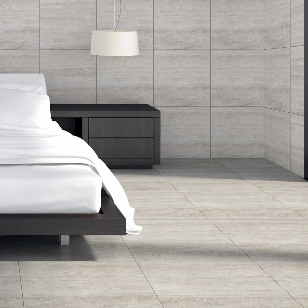 54.72 SQM Pallet Deal: Travert Mist Grey Porcelain 60x60cm Gloss Tiles