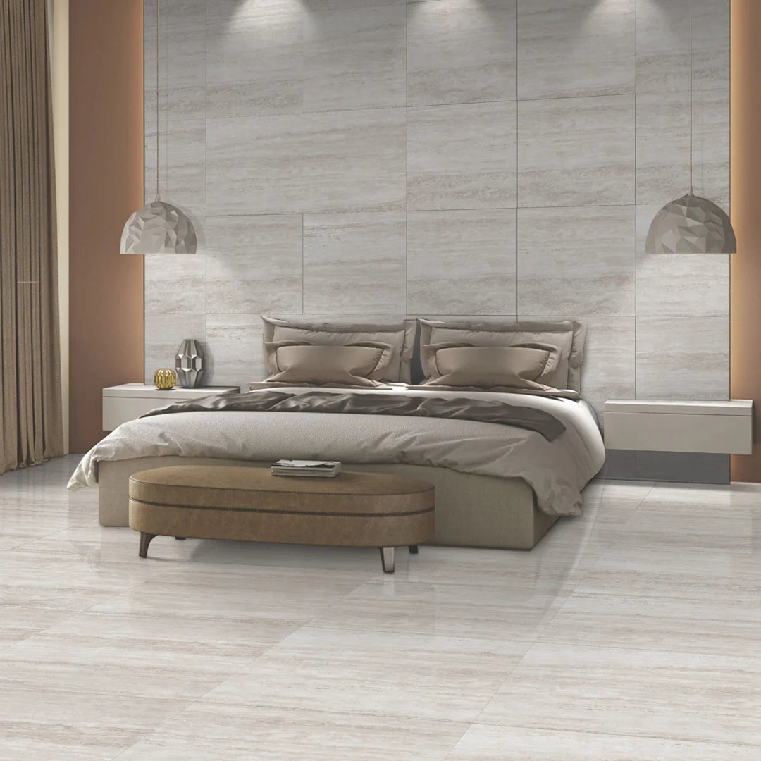 54.72 SQM Pallet Deal: Travert Mist Grey Porcelain 60x60cm Gloss Tiles