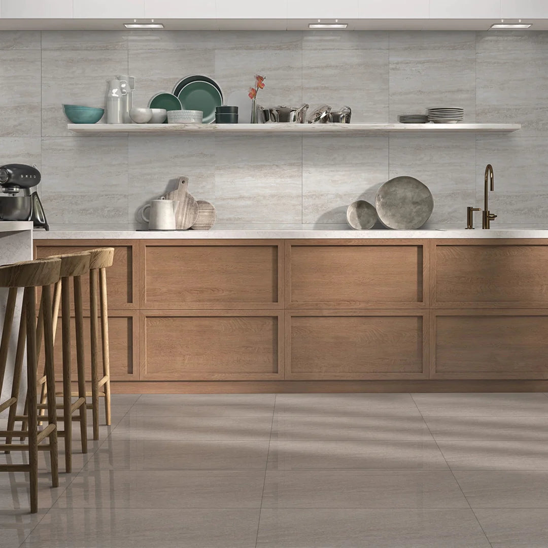 54.72 SQM Pallet Deal: Travert Mist Grey Porcelain 60x60cm Gloss Tiles